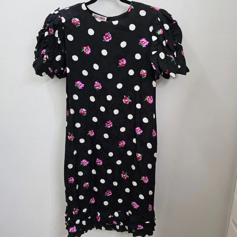 Vintage Maggy London Silk Polka Dot Floral Ruffle Dress Shoulder Pads Black 14 - Picture 1 of 8